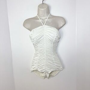 Vintage Union JCPenney Ruched Halter One Piece Swimsuit M White Retro Bridal